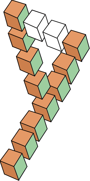 The image shows a Rubik's Cube with various colored blocks arranged to form an abstract design that resembles a letter 'S'.