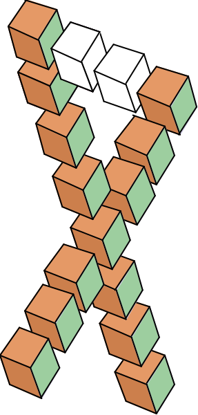 The image shows a colorful abstract design resembling an interconnected structure composed of various geometric shapes such as cubes in shades of orange, green, red, blue, yellow, white, pink, purple and brown with some pieces missing to create gaps or spaces within it.