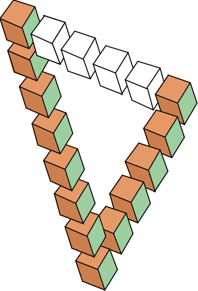 The image shows a three-dimensional representation of an abstract design composed entirely of interconnected blocks with different shapes such as cubes in various sizes forming what appears to be a complex geometric pattern against a black background.