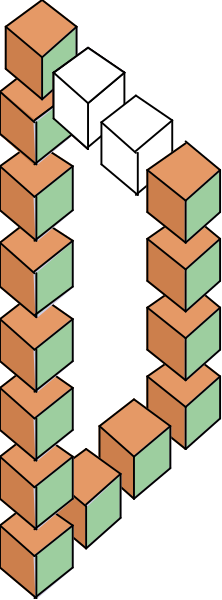 The image shows a pixelated representation of an abstract structure with various geometric shapes such as cubes connected together to form what appears like a tower-like formation against a dark background.