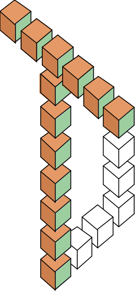 The image shows a Rubik's Cube with various colored blocks arranged to form an abstract design that resembles a letter 'D'.