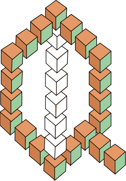 The image shows a colorful Rubik's Cube with various blocks arranged to form an abstract design that resembles a stylized letter "Q".