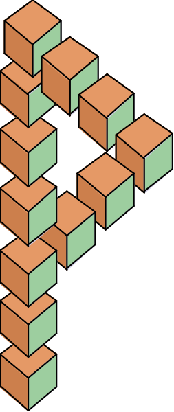 The image shows a three dimensional structure composed of multiple cubes with varying shades of orange coloring on them against an off-white background.