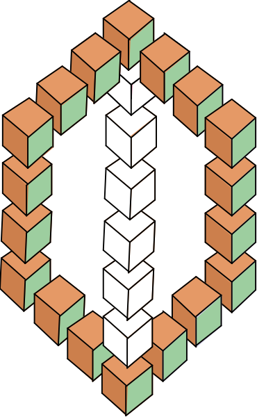 The image shows a three-dimensional structure composed of multiple cubes with different colored faces: red on top left corner cube; white in center right cube; green bottom middle cube; brown at the very bottom and back, forming an archway shape that resembles a tunnel or passage.