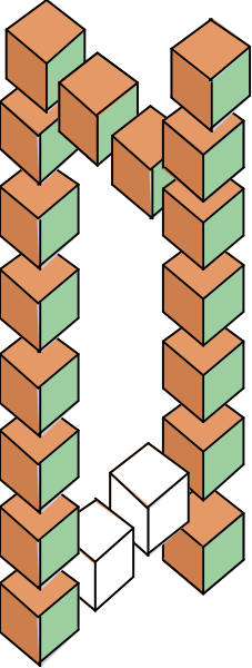 The image shows a pixelated representation of an abstract structure composed of various geometric shapes such as cubes with different color fillings like red, green, blue, white, yellow, orange, brown, gray, black and pink.