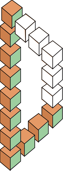 The image shows a Rubik's Cube with various colored blocks arranged to form an abstract design that resembles letters of the alphabet in different orientations against a dark background.