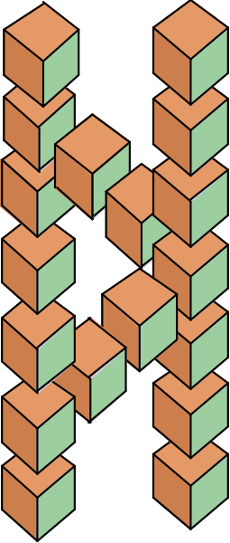 The image shows a three dimensional structure composed of multiple cubes with varying shades of orange coloring on them against an off-white background.