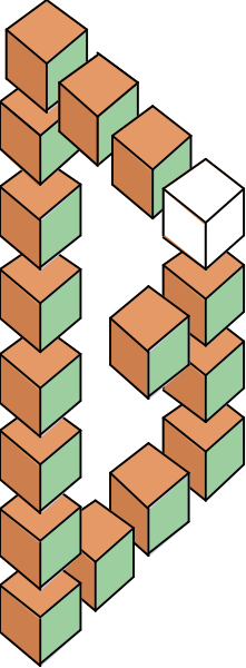 The image shows a Rubik's Cube with various colored blocks arranged to form an abstract pattern against a dark background.
