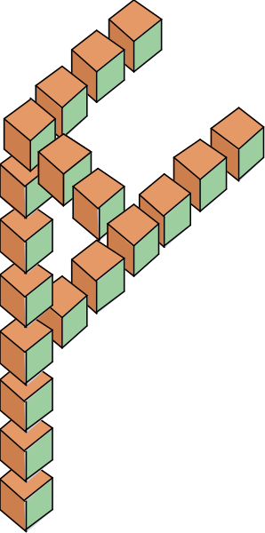 The image shows a three dimensional block structure with blocks of different sizes forming an abstract shape against a dark background.