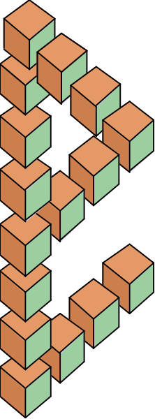 The image shows a pixelated representation of an abstract structure composed of multiple cubes with varying shades of orange and brown hues against a dark background.