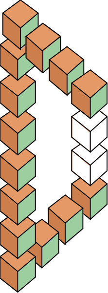 The image shows a colorful Rubik's Cube with various blocks arranged to form an abstract design that resembles letters of the alphabet; it is set against a dark background.