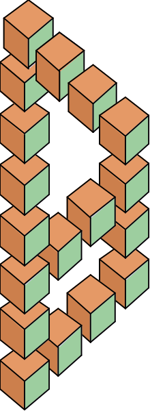 The image shows a pixelated representation of an abstract design that resembles a three-dimensional structure composed of multiple cubes in various shades of orange and green against a dark background; it appears to be digitally created artwork with no specific objects, people or animals depicted within this small clip art.