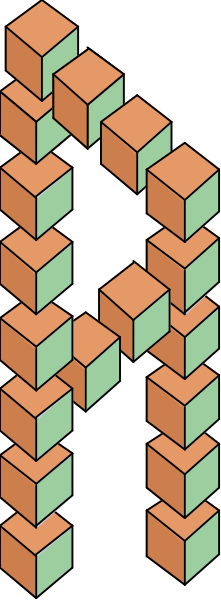The image shows a pixelated representation of an abstract structure composed of multiple cubes with varying shades of orange and green hues against a dark background; there is no text present in this clip-art illustration, which focuses on geometric shapes rather than depicting any specific objects or actions within the context provided.