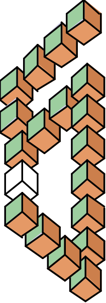 The image shows a pixelated representation of an abstract design with various shapes that resemble puzzle pieces connected together to form what appears like a three-dimensional structure within a two-dimensional space.