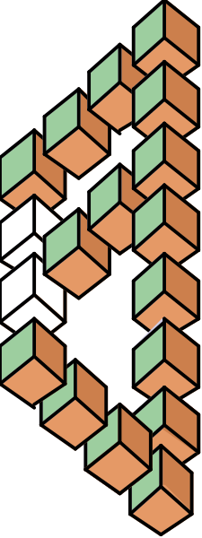 The image shows a pixelated representation of an abstract pattern with various shapes that resemble puzzle pieces arranged vertically against a dark background; there is no text present in this clip-art image.