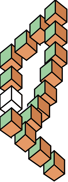 The image shows a pixelated graphic of an abstract design resembling a ribbon with various shapes on it against a dark background.