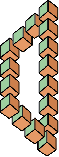 The image shows a pixelated representation of an abstract design with geometric shapes resembling blocks forming patterns against a dark background.