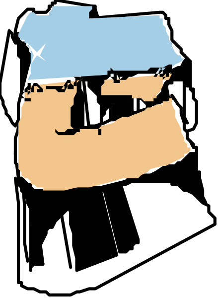 The image shows a cartoon character with blue hair wearing glasses on top of its head, standing against what appears to be an abstract background in black and white tones.