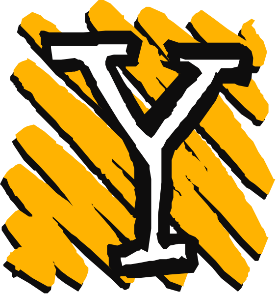 The image shows a logo with two different designs of "Y" intertwined on either side; it is stylized in black ink against yellow backgrounds that resemble lined paper.