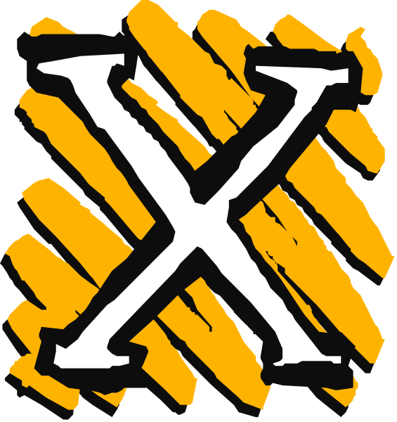 The image shows a logo with two different designs of an "X" symbol placed side by side against contrasting backgrounds: one in black on white stripes and another in yellow overlaid textures that resemble wood grain, both featuring stylized letter X's within them.