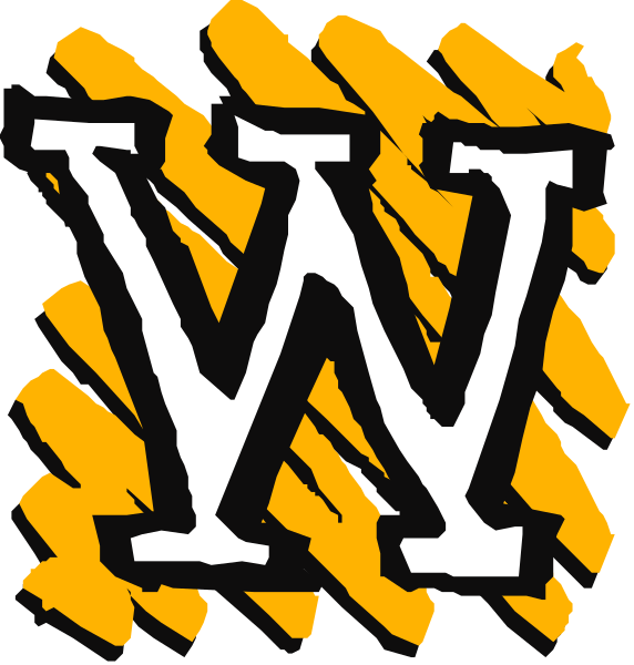 The image shows a logo with two distinct parts: on top there's an abstract design resembling stripes of yellow coloring; below it is text that reads "W" in large white letters against a black background, and beneath this letter is another word starting with 'w', but the rest of the second word isn't visible. The style appears to be graphic or emblematic, commonly used for branding purposes such as on clothing items like t-shirts or hats.