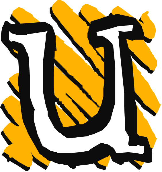 The image shows a stylized letter "U" with an abstract design around it on top of what appears to be yellow backgrounds in two different styles; one is more detailed while the other has simpler lines, suggesting contrasting levels of detail between them.
