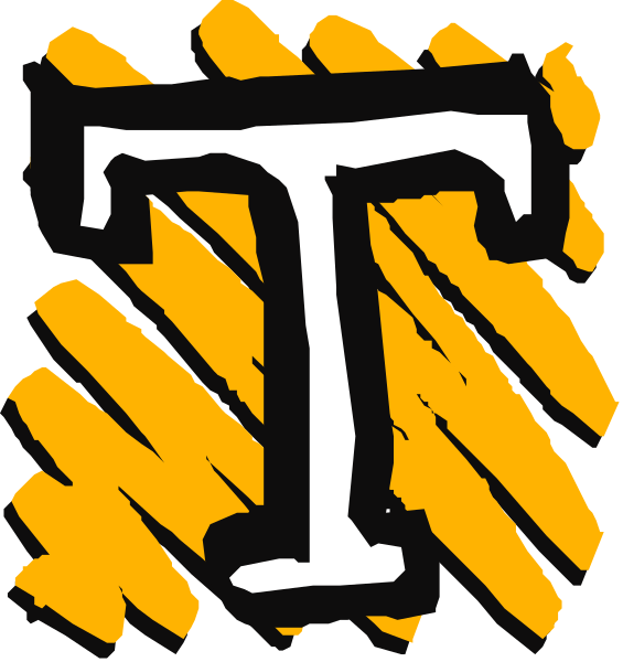 The image shows a stylized letter "T" with an abstract design around it against two different backgrounds: black on top left corner of another square-shaped graphic that is yellowish orange in color; bottom right, there's a closeup view of what appears to be the same logo or emblem.