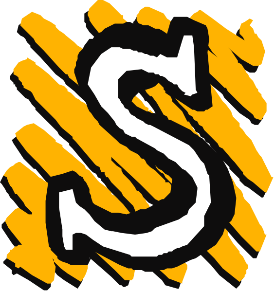 The image shows a logo with two different designs of letters "S" on top of each other against a yellow background that has horizontal lines resembling wood grain texture.