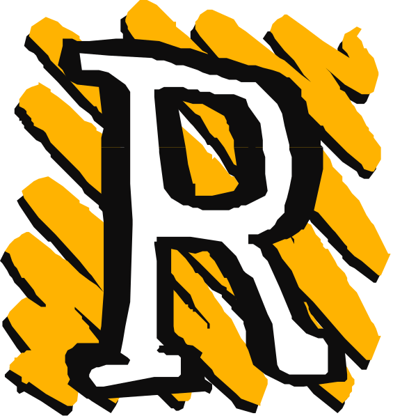 The image shows a logo with two different designs of letter "R" on it; both feature stylized text that reads 'RR' in bold yellow letters against an orange background.