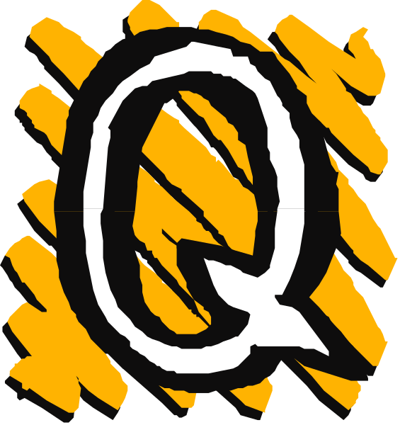 The image shows a black and white illustration of two Qs with an orange background on top left corner.