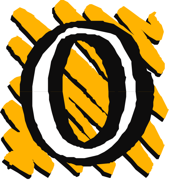 The image shows a black letter "O" with yellow lines around it on top of two different backgrounds: left is white, right has stripes in shades of brown to darker brown; both have an orange border framing them at bottom and sides respectively.