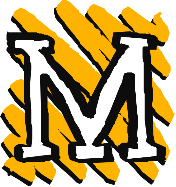 The image shows a logo with two different designs of text that reads "M" on top half against an orange background featuring tiger stripes pattern, while bottom half has white lettering in all caps set over black and yellow checkered backdrop.