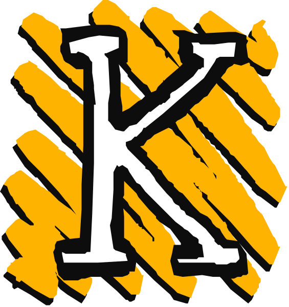The image shows a logo with two different designs of letter "K" on it; both have an orange background but differ in font size and design details such as lines within each character.