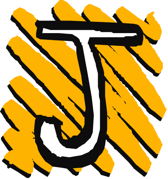 The image shows a simple black and white illustration of two letters "J" with an orange border on top left corner and another letter "T" in bottom right corner against yellow backgrounds.