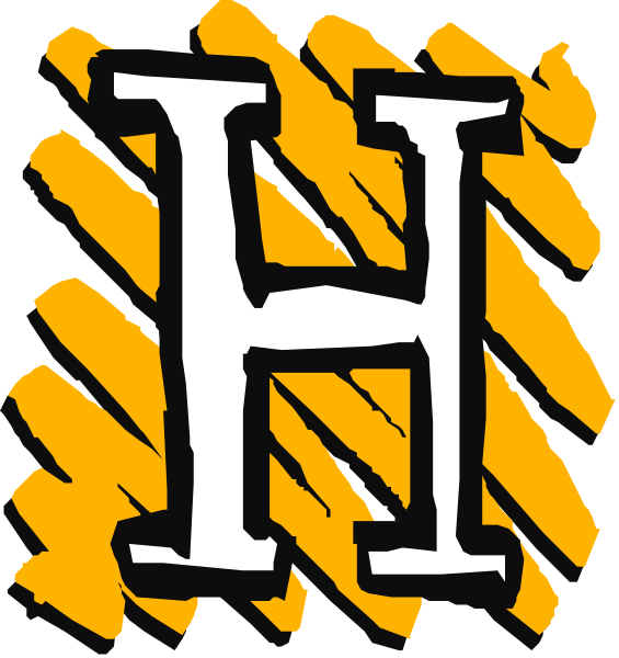 The image shows a logo with two different designs of letter 'H' on either side; both feature stylized text that reads "H".