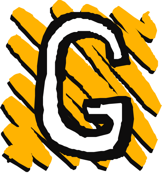 The image shows a black and white illustration of two hands with fingers forming letters "G" on top and "O" below them against an orange background.