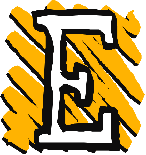 The image shows a black and white illustration of an "E" with lines radiating outward from it to represent sound waves emanating from its center.