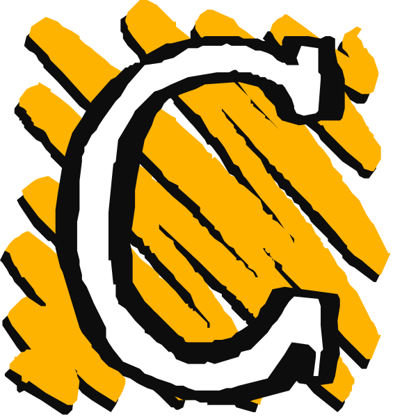 The image shows a black and white logo with two distinct designs: on top is an abstract design featuring what appears to be stylized lettering in yellow against a dark background; below it is another graphic that resembles a shield, also rendered in shades of orange and brown within the same color scheme.