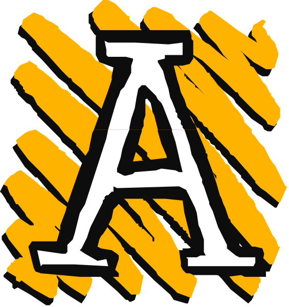The image shows two different logos of a school mascot with an "A" on it against various backgrounds: one is black-and-white striped patterned like wood grain; another has yellow and white tiger stripes, suggesting a theme related to athletics or sports teams.