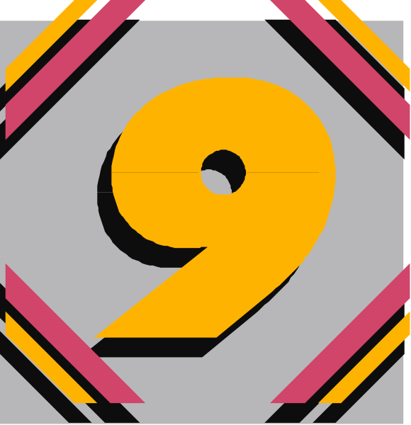 The image shows a sequence of three number nines with different designs around them against various backgrounds: 1) A simple black-and-white nine in an abstract design; 2) Nine surrounded by pink and yellow stripes on a white backdrop, giving it a candy cane appearance; 3) The same as the second but set within two red squares with diagonal lines. Each number is stylized differently from one another while maintaining its numerical value of nine. There are no texts or additional elements present in this image. It's purely focused on presenting different designs