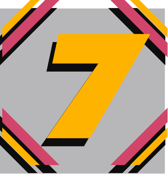 The image shows a graphic with two panels side by side featuring stylized text that reads "7" on both sides in bold yellow font against contrasting backgrounds: one panel has an orange-pink gradient, and the other is white with black lines forming geometric shapes around it.