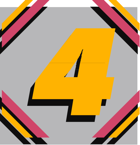 The image shows a graphic with two halves of an object that resembles a number 4 placed side by side against different backgrounds; one half is in black on white, while the other has pink stripes and appears to be slightly transparent overlaying another design element which includes text "0.5" at its center within a diamond-shaped border with yellow lines radiating outward from it.