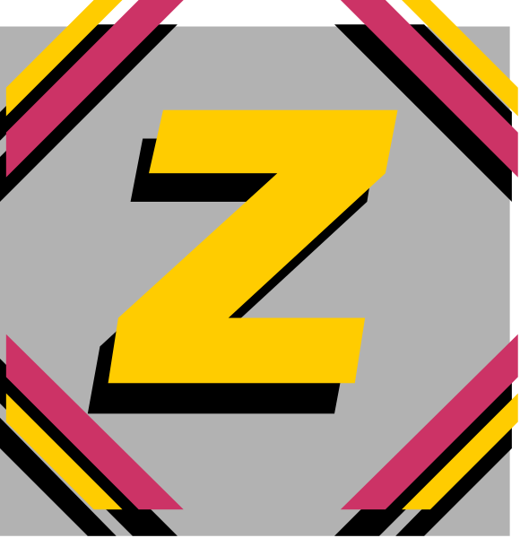 The image shows a logo with two distinct designs of letter "Z" placed side by side against different backgrounds: on top is an abstract design in shades of pink and yellow; below it is another graphic representation, possibly representing letters 'A' and 'E', also set within geometric shapes but without the same vibrant colors.