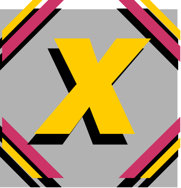 The image shows a graphic with two halves of an X symbol placed side by side against different backgrounds; on the left is yellow text that reads "X" in bold letters overlaid atop what appears to be a pink and white striped pattern, while on the right there's no visible text.