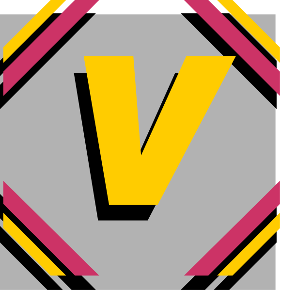 The image shows a logo with two different designs of letter "V" on either side against contrasting backgrounds: pink for one design and gray for another.