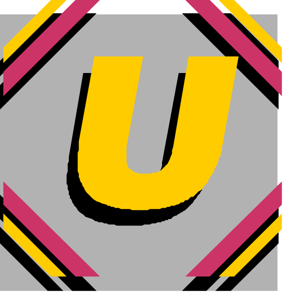 The image shows a graphic with two distinct sections: on top, there's an abstract design resembling a diamond pattern in shades of yellow; below it is text that reads "U" written vertically and horizontally across each other within what appears to be a square or rectangular frame.