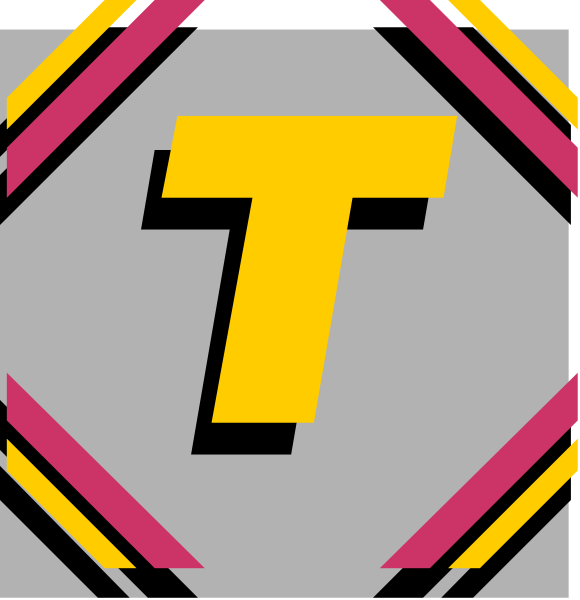 The image shows a graphic with two distinct halves: on the left side is an abstract design featuring geometric shapes; while on the right side there's text that reads "T" in bold letters against a pink background, which could be interpreted as part of a logo or emblem for something related to transportation.