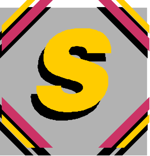 The image shows a logo with two distinct parts: on top there's an abstract design resembling a shield-like shape in shades of gray; below it is text that reads "S" stylized to look like handwriting, colored yellow and black against a white background.