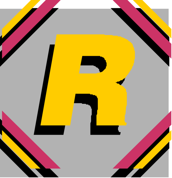 The image shows a logo with two distinct parts: on top there's an abstract design resembling a shield-like shape in pink and yellow hues; below it is text that reads "R" inside what appears to be a stylized letter 'O'.