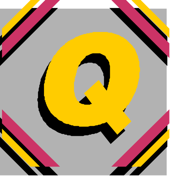 The image shows a graphic with two distinct sections: on top left there's an abstract design resembling a puzzle piece pattern in shades of pink and purple; below it is another section featuring a large, bold letter "Q" inside what appears to be a diamond-shaped border or emblem.
